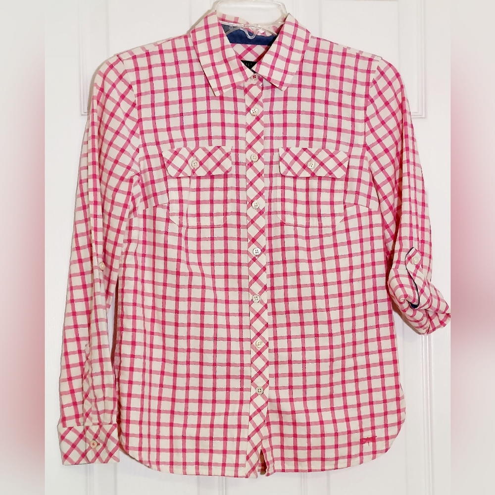 TALBOTS SP Fuchsia Gingham Check Roll Tab Long Sleeve Blouse w/ Metallic Thread
